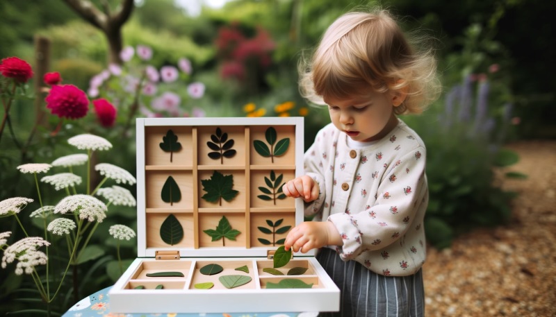 Photo of a 2-year-old girl playing outside with a Montessori botany cabinet.