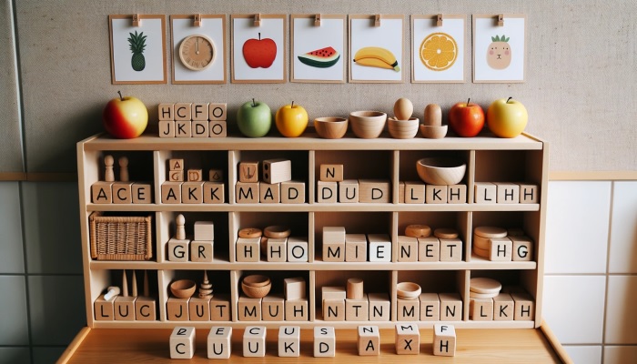 Photo of a Montessori classroom setup for word building with objects and picture cards