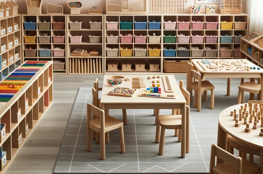 Photo of a Montessori classroom with child-sized furniture, organized shelves filled with various Montessori math materials