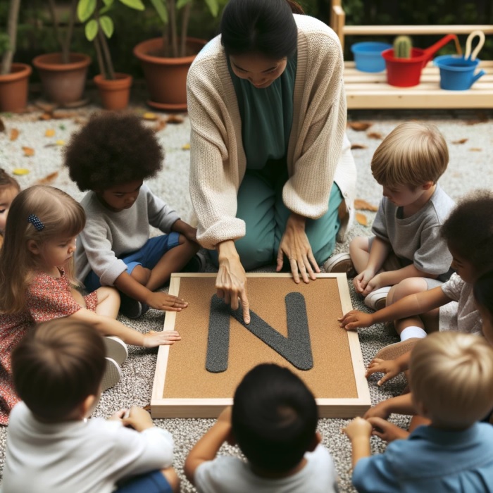 Photo of a Montessori teacher demonstrating the tracing of a sandpaper letter N