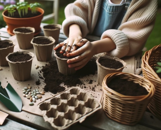 Photo of a child planting seeds and gardening.