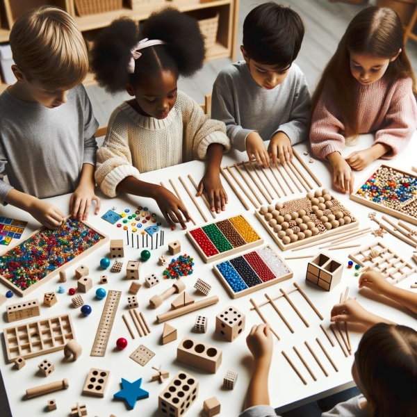 Photo of a group of children with Montessori math materials on a large table.