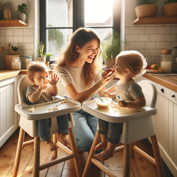Photo of a mom with 2 kids under 2 years old feeding them in the kitchen.