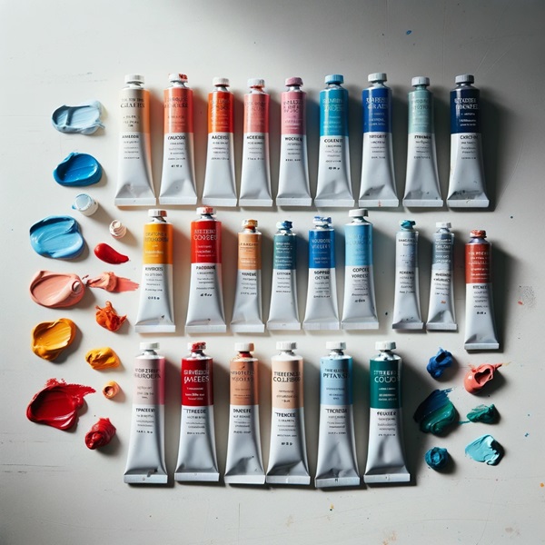 Photo of a set of tempera paints arranged neatly on a white table