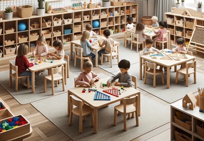 Photo of a spacious Montessori classroom with children playing with toys.