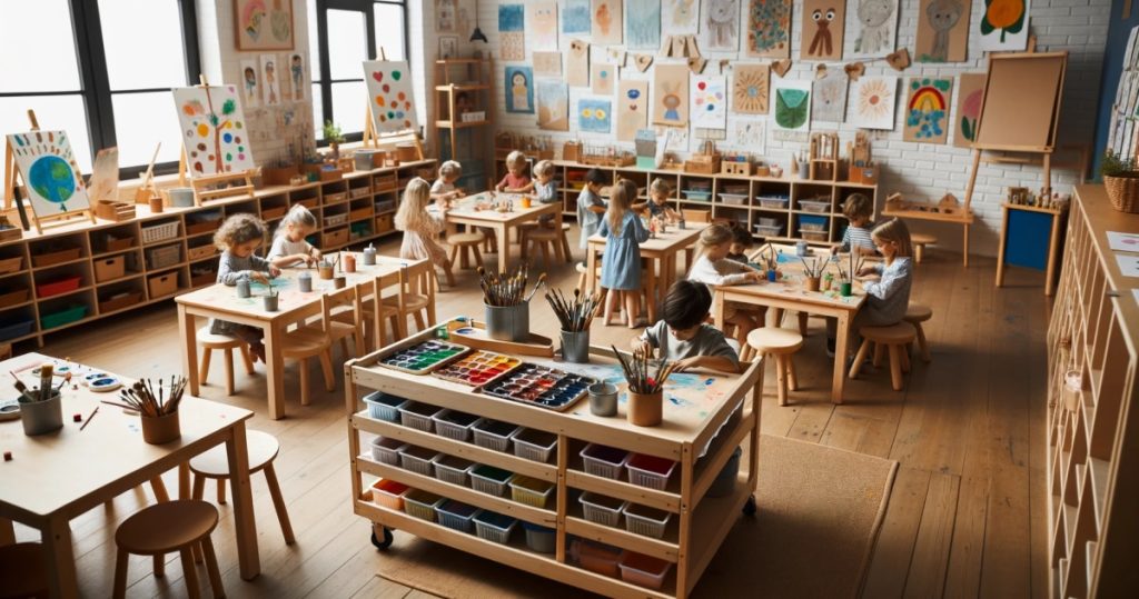 Montessori classroom with children using Montessori art materials