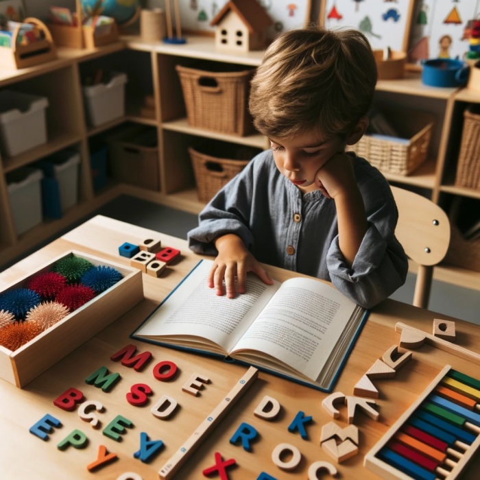 photo of a child reading in a Montessori classroom and learning letters