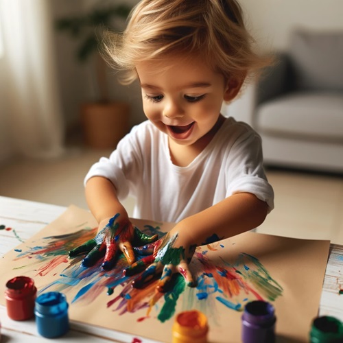 toddler doing messy play with paint
