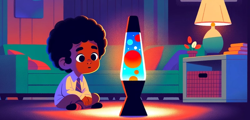 Animated photograph of a child looking at a lava lamp.