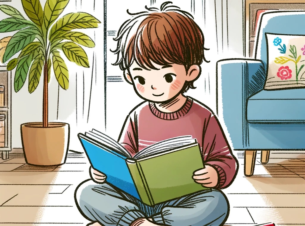 Drawing of a child reading a book.