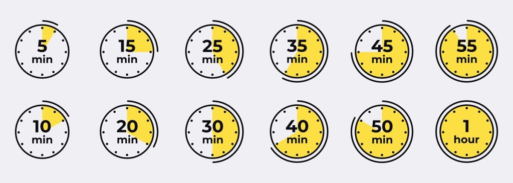 different minutes showing on a clock