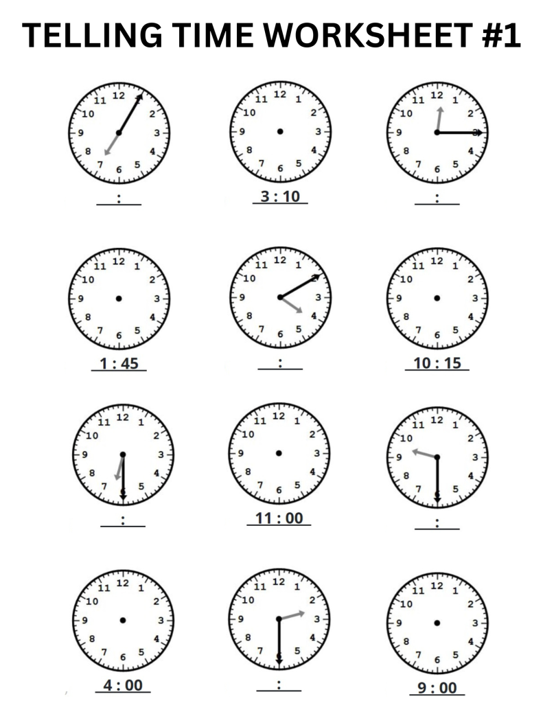 Telling time printable worksheet 1